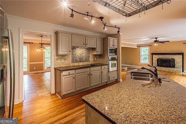 kitchen with light wood-type flooring, sink, stainless steel appliances, ceiling fan with notable chandelier, and crown molding