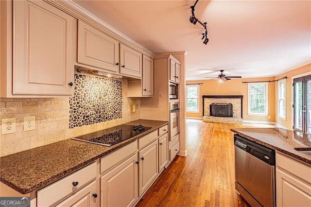 kitchen with ceiling fan, wood-type flooring, rail lighting, stainless steel appliances, and dark stone counters