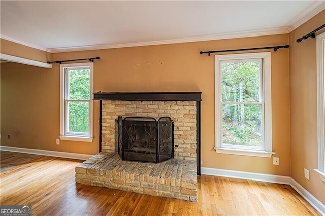 unfurnished living room with a fireplace, plenty of natural light, and light hardwood / wood-style floors