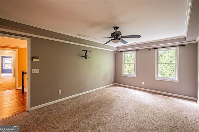 carpeted empty room with ceiling fan and crown molding