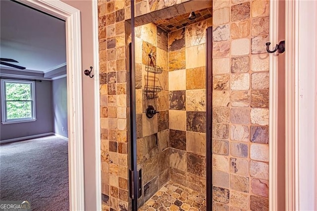 bathroom featuring walk in shower and crown molding