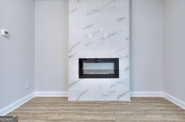 room details with a premium fireplace, wood finished floors, and baseboards