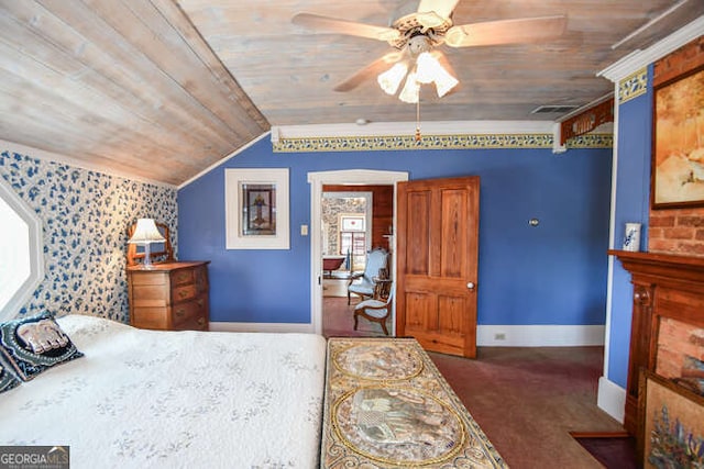 carpeted bedroom with wood ceiling, lofted ceiling, ceiling fan, and crown molding