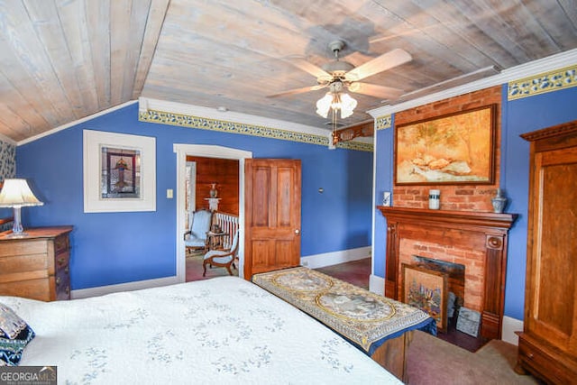 bedroom with vaulted ceiling, a brick fireplace, crown molding, ceiling fan, and wooden ceiling