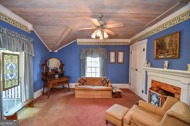 living room with wooden ceiling, carpet, crown molding, and ceiling fan