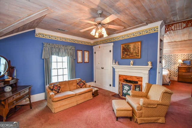 living room with wooden ceiling, ornamental molding, vaulted ceiling, and ceiling fan