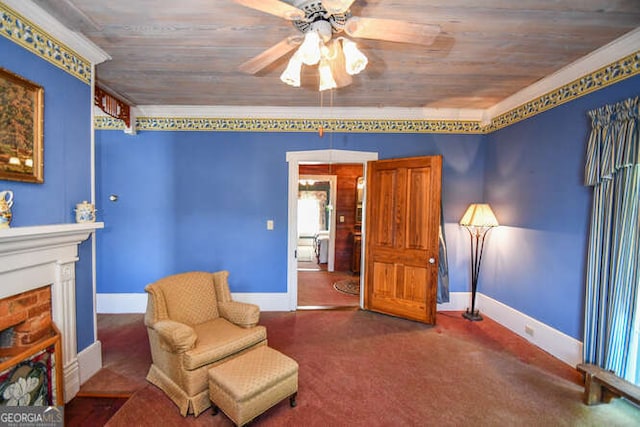 living area featuring wooden ceiling, crown molding, carpet, and ceiling fan