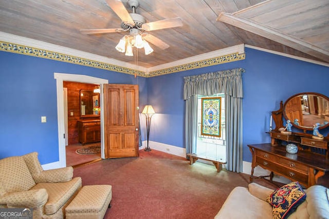 carpeted living room with ceiling fan, wood ceiling, crown molding, and lofted ceiling