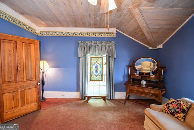 living area with wood ceiling, lofted ceiling, ceiling fan, and carpet