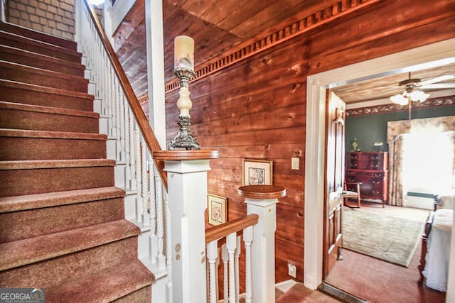 stairs with ceiling fan, carpet floors, wooden walls, and wood ceiling