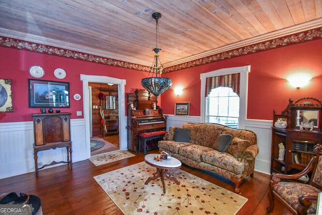 living room with wood ceiling, crown molding, and dark hardwood / wood-style flooring