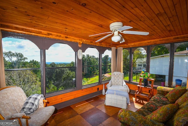 sunroom / solarium with wood ceiling, ceiling fan, and a healthy amount of sunlight