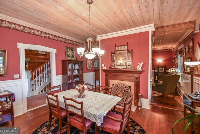 dining room with an inviting chandelier, wooden ceiling, ornamental molding, and dark hardwood / wood-style flooring