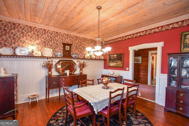 dining room with an inviting chandelier, wood ceiling, and dark hardwood / wood-style flooring