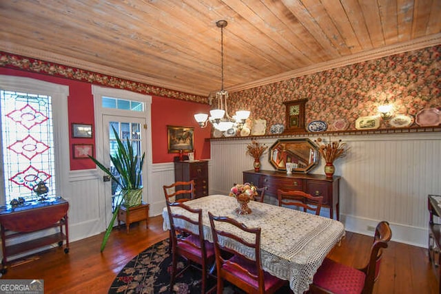 dining space featuring a notable chandelier, wood ceiling, dark hardwood / wood-style floors, and crown molding