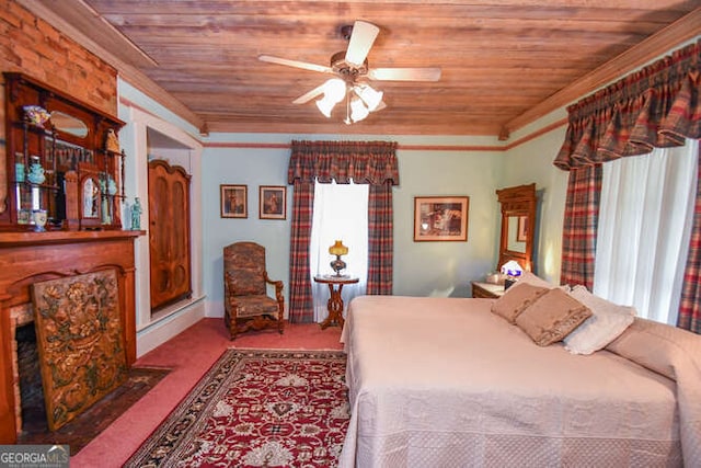 carpeted bedroom with wood ceiling, ceiling fan, and multiple windows