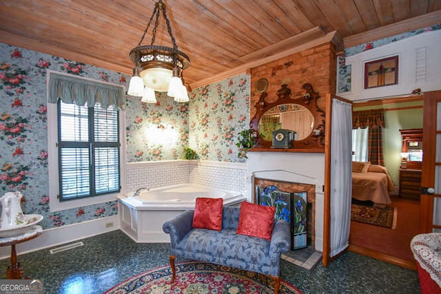 bathroom with a tub, ornamental molding, and wooden ceiling