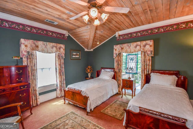 bedroom with ceiling fan, lofted ceiling, ornamental molding, wooden ceiling, and light colored carpet