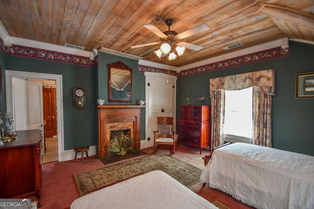 carpeted bedroom with ornamental molding, vaulted ceiling, ceiling fan, and wooden ceiling