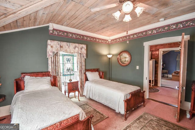 carpeted bedroom with ceiling fan, ornamental molding, vaulted ceiling, and wooden ceiling