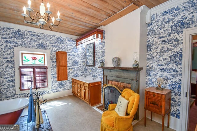 bathroom featuring vanity, a bathing tub, wooden ceiling, a notable chandelier, and crown molding