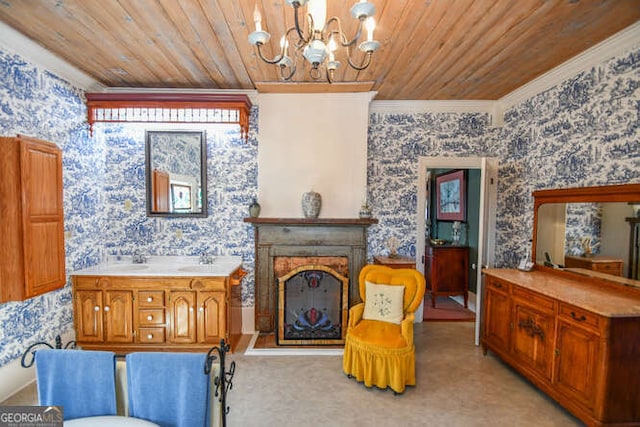 carpeted living room featuring wooden ceiling, crown molding, and an inviting chandelier