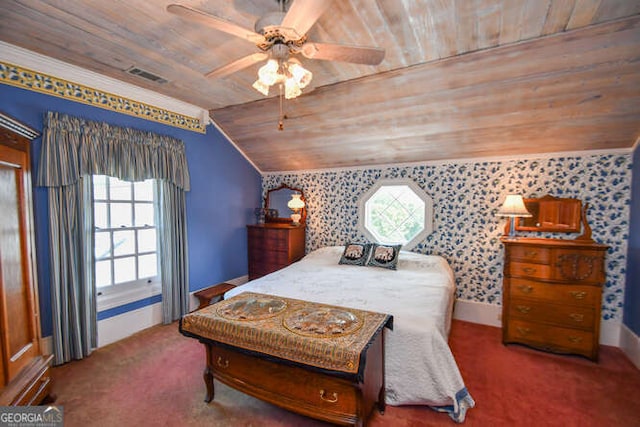 carpeted bedroom featuring ceiling fan, vaulted ceiling, and wooden ceiling