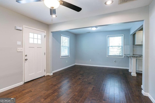 2836 Harlan Dr, Atlanta, GA 30344 - entryway featuring a ceiling fan, dark wood-style flooring, baseboards, and visible vents