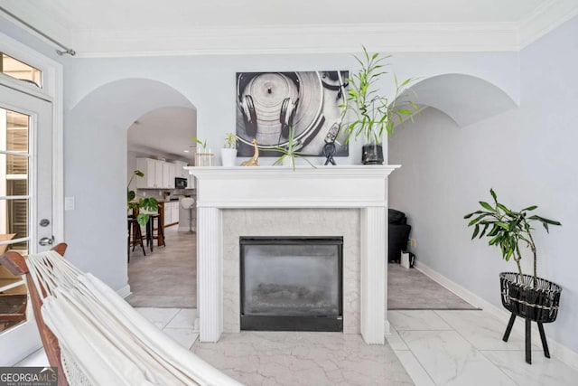 living room with crown molding