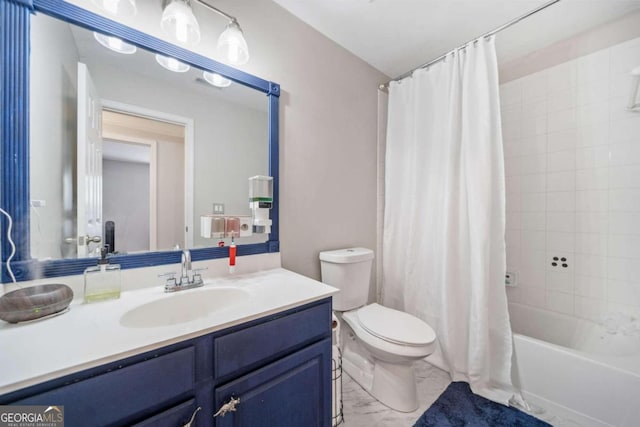 full bathroom featuring shower / bathtub combination with curtain, vanity, and toilet