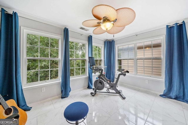 workout area featuring ornamental molding and ceiling fan