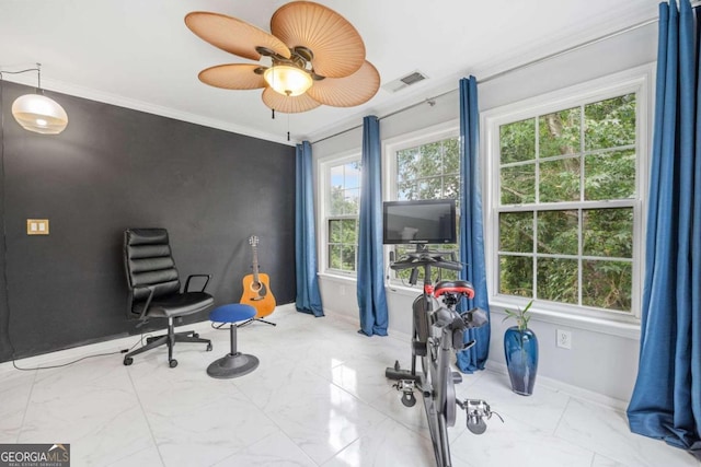 home office with ceiling fan and ornamental molding