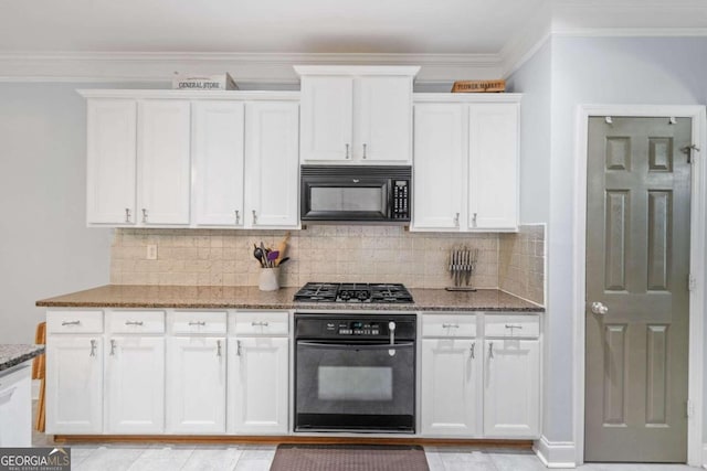 kitchen with black appliances, crown molding, stone countertops, and white cabinets