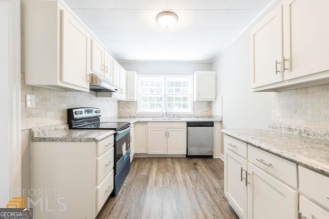 kitchen with sink, white cabinetry, black / electric stove, dishwasher, and light hardwood / wood-style floors