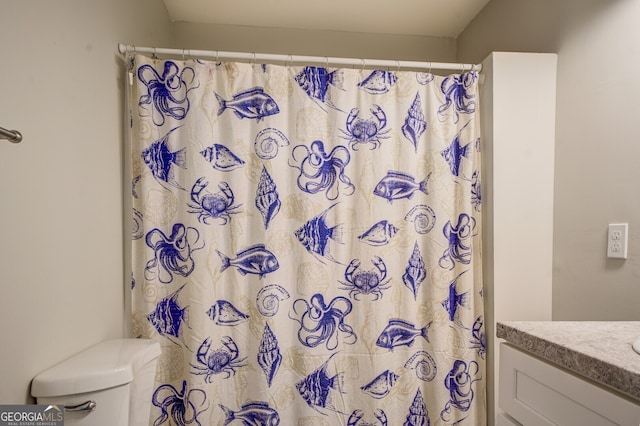 bathroom featuring vanity, toilet, and curtained shower