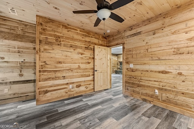 spare room featuring wood ceiling, wooden walls, dark wood-type flooring, and ceiling fan