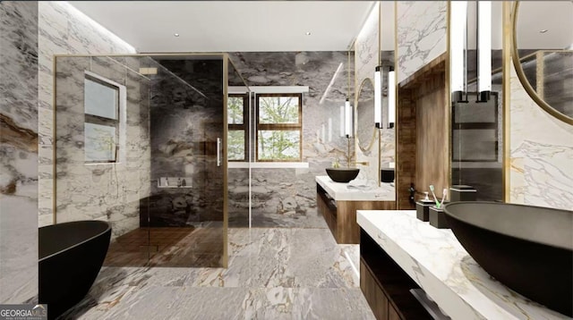 bathroom featuring vanity, tile walls, and shower with separate bathtub