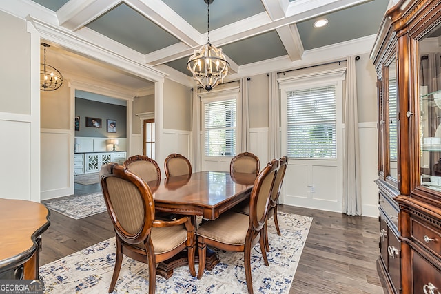 dining area featuring ornamental molding, beamed ceiling, coffered ceiling, and dark wood-type flooring