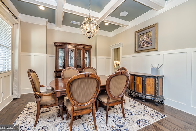 dining room with dark hardwood / wood-style flooring, coffered ceiling, an inviting chandelier, ornamental molding, and beam ceiling