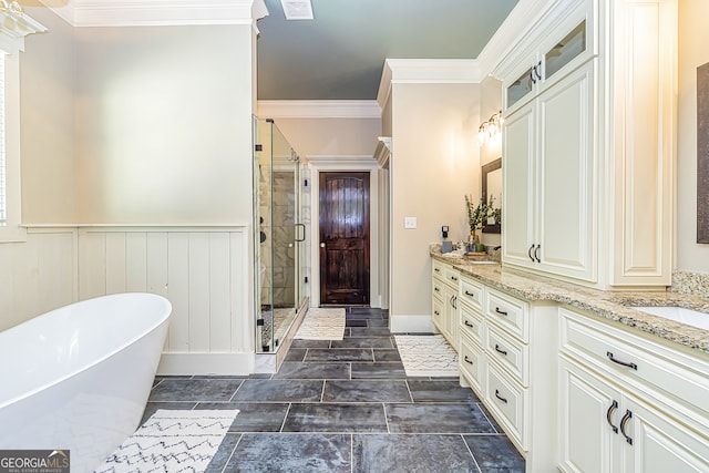 bathroom featuring vanity, shower with separate bathtub, and crown molding