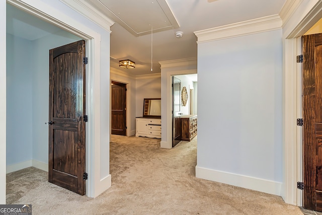 hallway with light carpet and ornamental molding