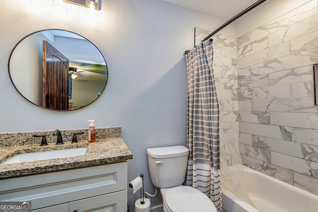 full bathroom with ceiling fan, shower / bath combination with curtain, vanity, and toilet