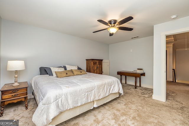 carpeted bedroom featuring ceiling fan