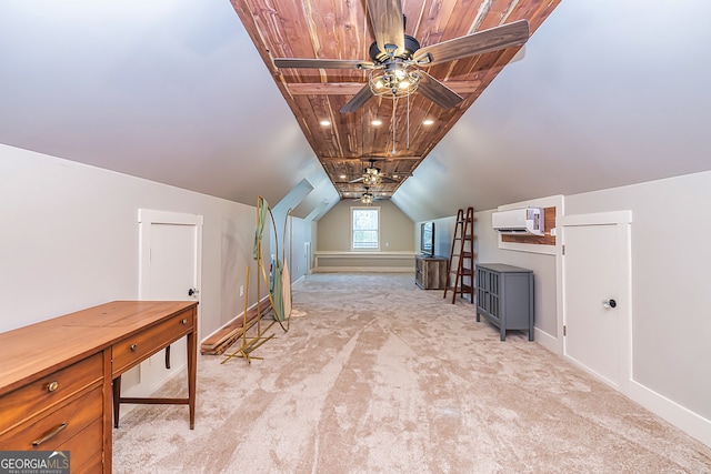 additional living space featuring light carpet, a wall mounted AC, lofted ceiling, and wooden ceiling