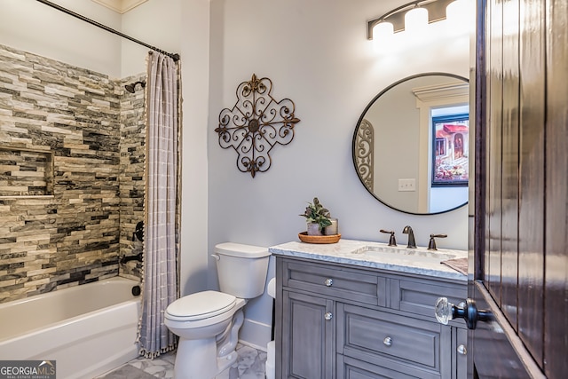 full bathroom with vanity, shower / tub combo with curtain, and toilet