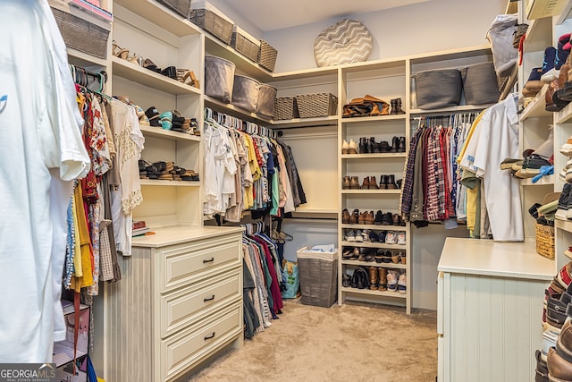 spacious closet featuring light colored carpet