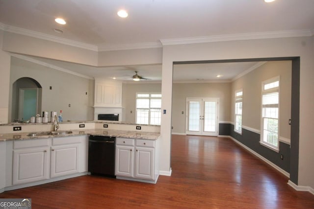 kitchen featuring ceiling fan, dark hardwood / wood-style floors, crown molding, black dishwasher, and white cabinetry