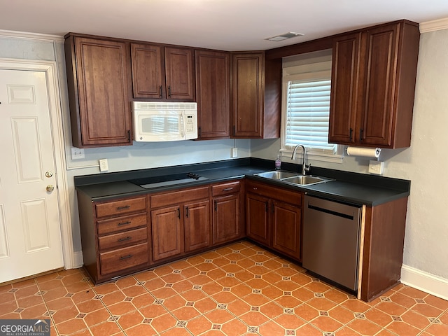 kitchen featuring ornamental molding, black electric stovetop, sink, and stainless steel dishwasher