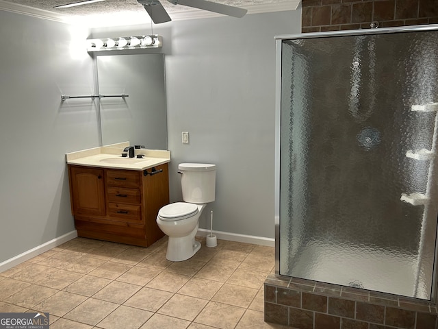 bathroom with ceiling fan, vanity, tile patterned floors, walk in shower, and toilet