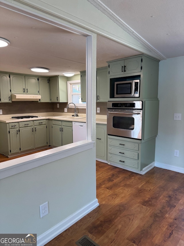 kitchen with green cabinets, under cabinet range hood, light countertops, dark wood-style floors, and stainless steel appliances